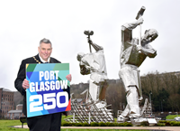 Provost Drew McKenzie at the Shipbuilders of Port Glasgow sculpture to launch Port Glasgow 250 celebrations